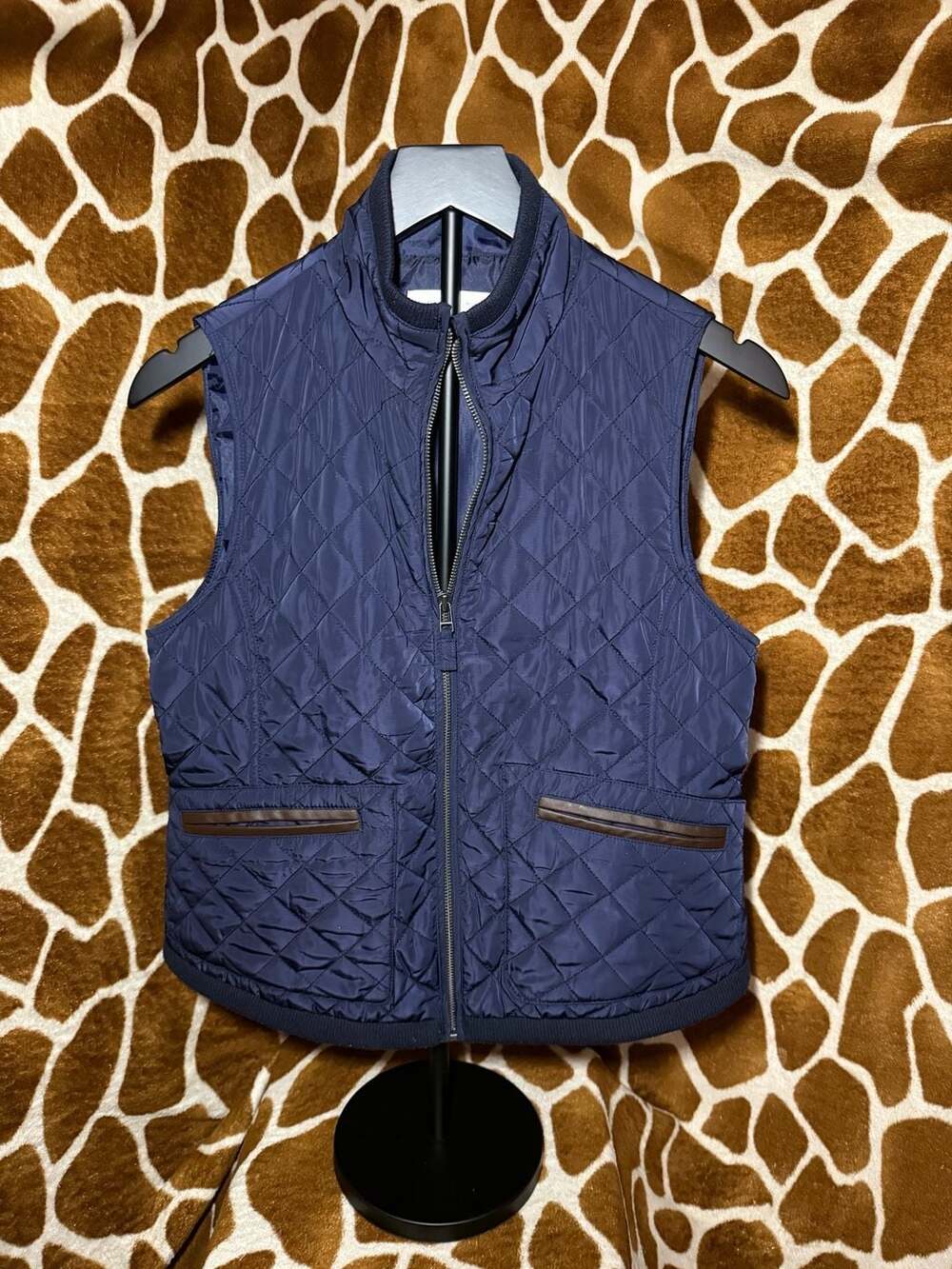 Talbots Navy Blue Diamond Quilted Vest with Faux Leather Trim Size SP
